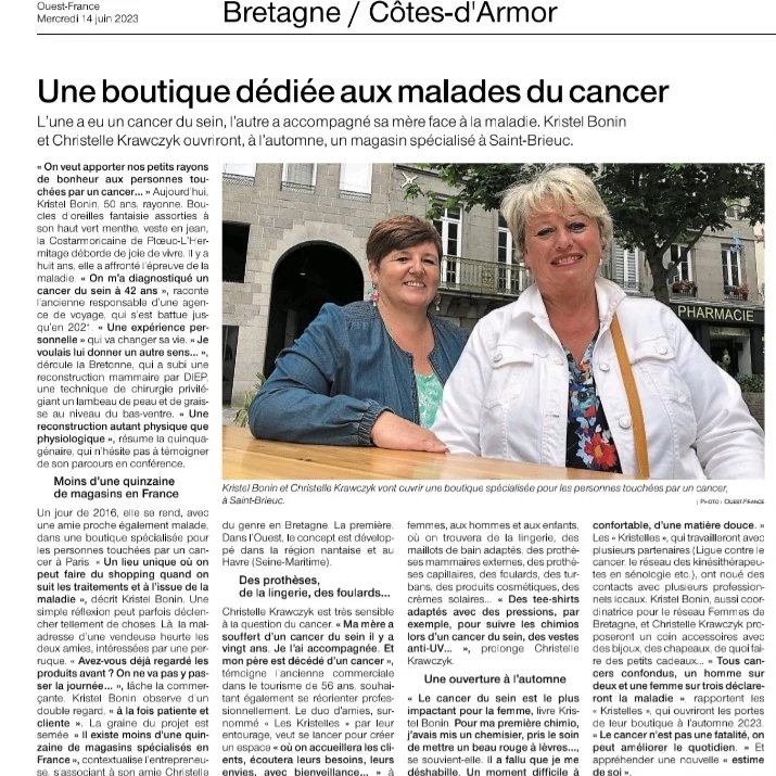article journal Ouest France boutique pour les personnes touchées par le cancer à St Brieuc
